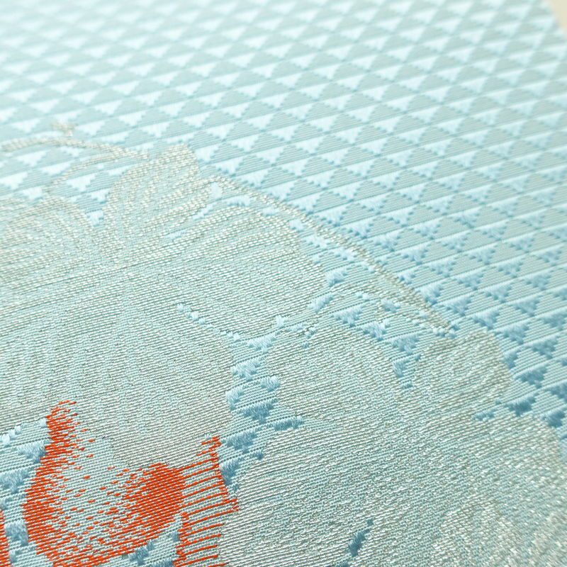 名古屋帯 太鼓柄 正絹 木の葉・植物柄 名古屋仕立て なごや帯 リサイクル帯 帯 金糸 銀糸 青・紺_画像5