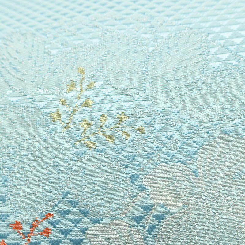 名古屋帯 太鼓柄 正絹 木の葉・植物柄 名古屋仕立て なごや帯 リサイクル帯 帯 金糸 銀糸 青・紺_画像6