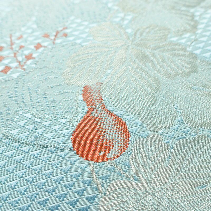 名古屋帯 太鼓柄 正絹 木の葉・植物柄 名古屋仕立て なごや帯 リサイクル帯 帯 金糸 銀糸 青・紺_画像8