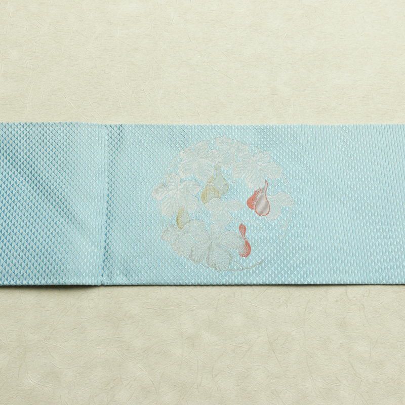 名古屋帯 太鼓柄 正絹 木の葉・植物柄 名古屋仕立て なごや帯 リサイクル帯 帯 金糸 銀糸 青・紺_画像15