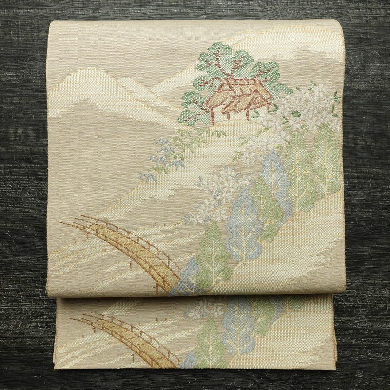 名古屋帯 六通柄 美品 正絹 風景柄 通し仕立て なごや帯 リサイクル帯 帯 ベージュ_画像1