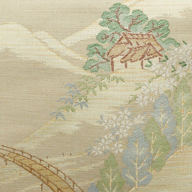 名古屋帯 六通柄 美品 正絹 風景柄 通し仕立て なごや帯 リサイクル帯 帯 ベージュ_画像2