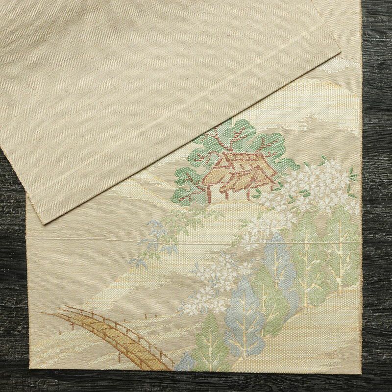 名古屋帯 六通柄 美品 正絹 風景柄 通し仕立て なごや帯 リサイクル帯 帯 ベージュ_画像14
