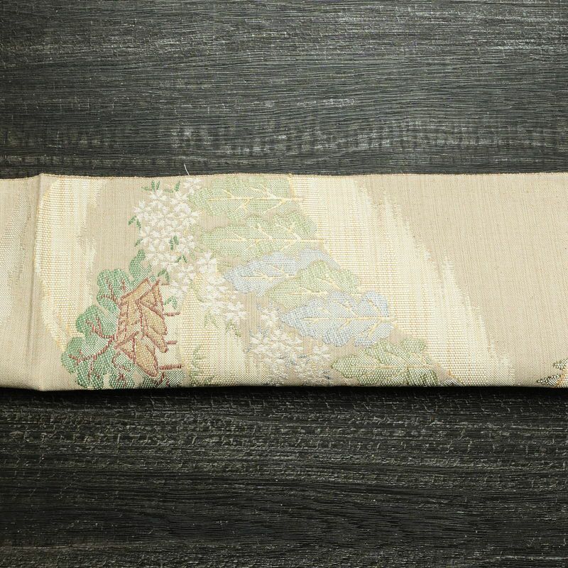 名古屋帯 六通柄 美品 正絹 風景柄 通し仕立て なごや帯 リサイクル帯 帯 ベージュ_画像16