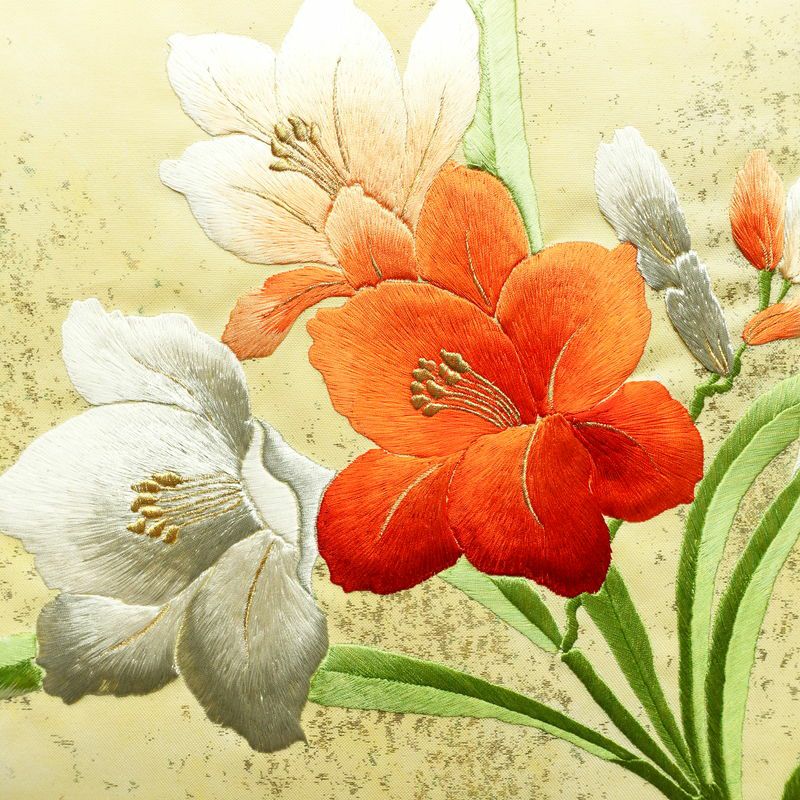 名古屋帯 太鼓柄 良品 正絹 花柄 通し仕立て なごや帯 リサイクル帯 帯 刺繍 箔 黄・黄土色_画像2