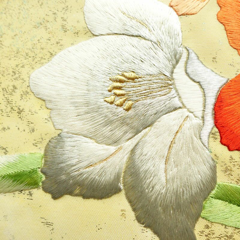 名古屋帯 太鼓柄 良品 正絹 花柄 通し仕立て なごや帯 リサイクル帯 帯 刺繍 箔 黄・黄土色_画像4