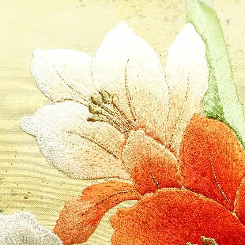 名古屋帯 太鼓柄 良品 正絹 花柄 通し仕立て なごや帯 リサイクル帯 帯 刺繍 箔 黄・黄土色_画像5