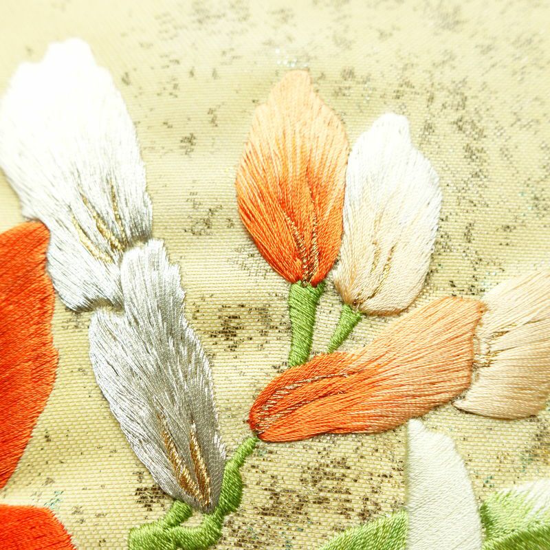 名古屋帯 太鼓柄 良品 正絹 花柄 通し仕立て なごや帯 リサイクル帯 帯 刺繍 箔 黄・黄土色_画像7