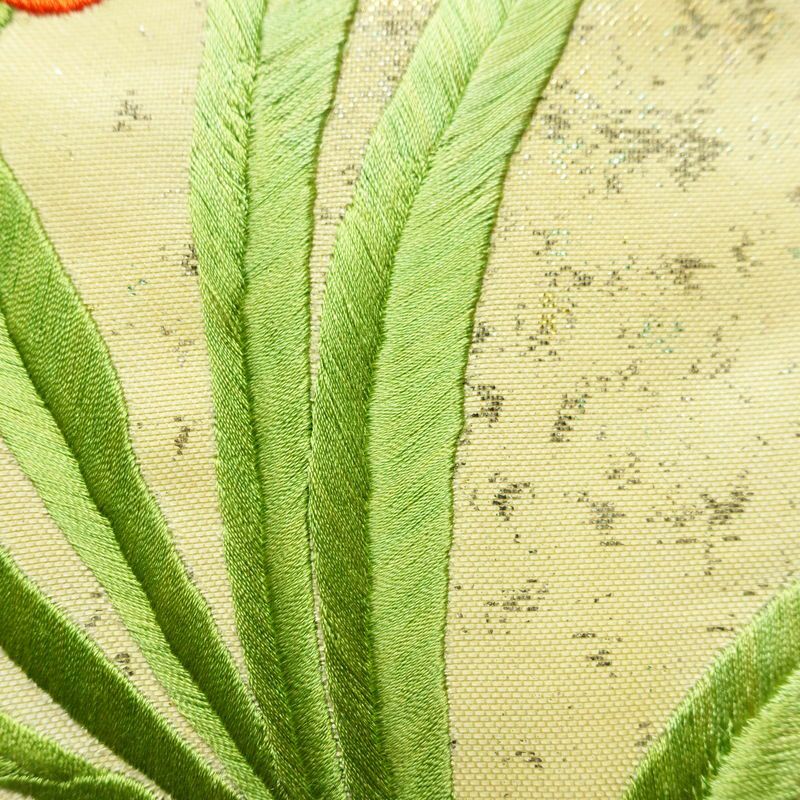 名古屋帯 太鼓柄 良品 正絹 花柄 通し仕立て なごや帯 リサイクル帯 帯 刺繍 箔 黄・黄土色_画像8