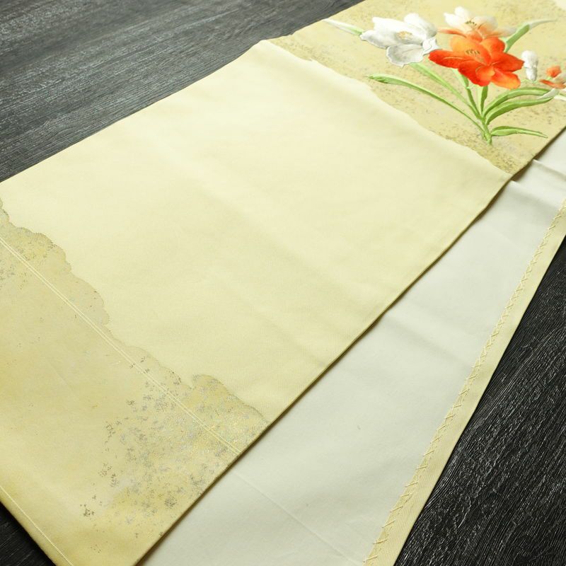 名古屋帯 太鼓柄 良品 正絹 花柄 通し仕立て なごや帯 リサイクル帯 帯 刺繍 箔 黄・黄土色_画像11