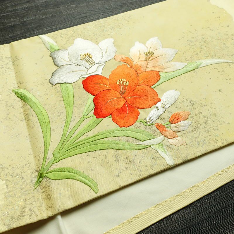 名古屋帯 太鼓柄 良品 正絹 花柄 通し仕立て なごや帯 リサイクル帯 帯 刺繍 箔 黄・黄土色_画像13