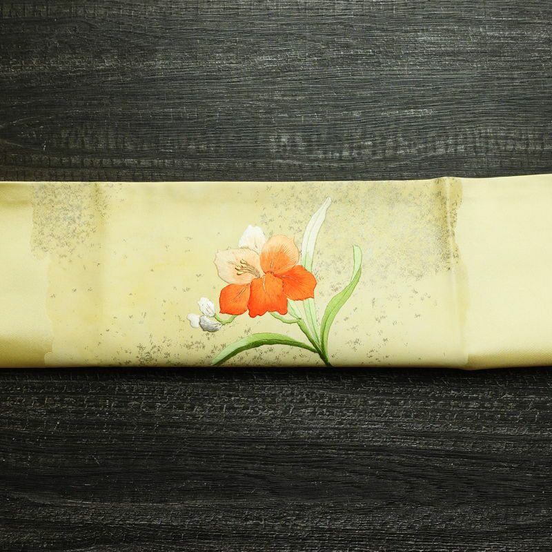 名古屋帯 太鼓柄 良品 正絹 花柄 通し仕立て なごや帯 リサイクル帯 帯 刺繍 箔 黄・黄土色_画像15