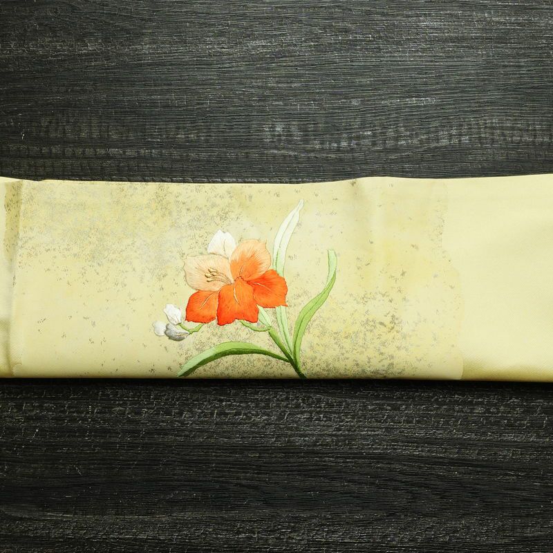 名古屋帯 太鼓柄 良品 正絹 花柄 通し仕立て なごや帯 リサイクル帯 帯 刺繍 箔 黄・黄土色_画像16