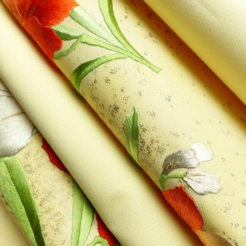 名古屋帯 太鼓柄 良品 正絹 花柄 通し仕立て なごや帯 リサイクル帯 帯 刺繍 箔 黄・黄土色_画像19