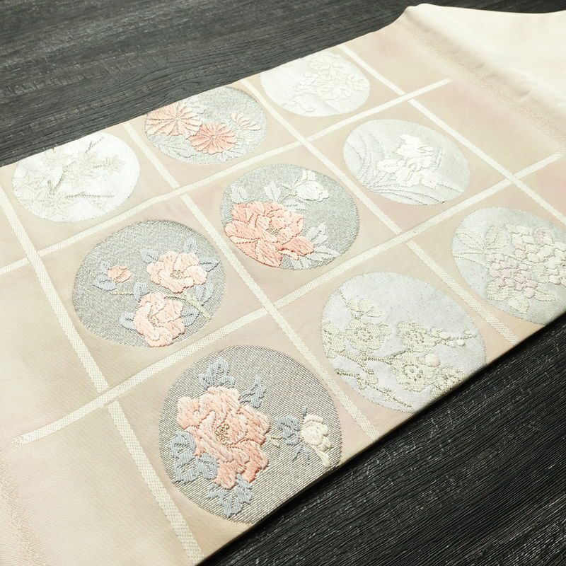 名古屋帯 太鼓柄 正絹 花柄 名古屋仕立て なごや帯 リサイクル帯 帯 箔 四季花 ピンク_画像10
