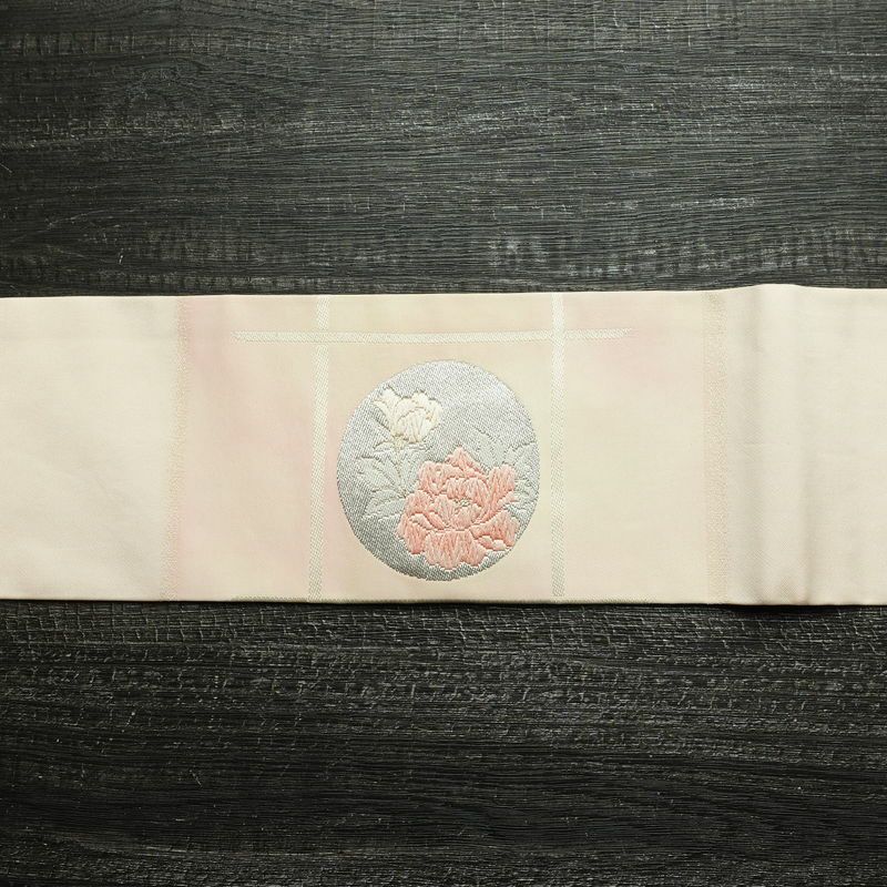 名古屋帯 太鼓柄 正絹 花柄 名古屋仕立て なごや帯 リサイクル帯 帯 箔 四季花 ピンク_画像11
