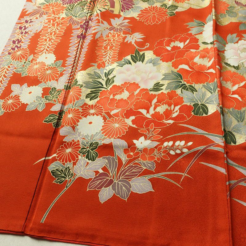 振袖 良品 金駒刺繍 トールサイズ 正絹 花柄 袷仕立て 身丈178.5cm 裄丈71.5cm リサイクル着物 着物 箔 成人式 二十歳 二十歳の集い フォーマル 紅葉 松 菊 桜 橙_画像4