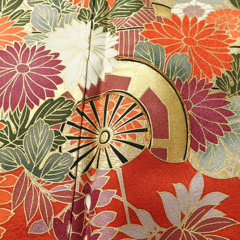 振袖 良品 金駒刺繍 トールサイズ 正絹 花柄 袷仕立て 身丈178.5cm 裄丈71.5cm リサイクル着物 着物 箔 成人式 二十歳 二十歳の集い フォーマル 紅葉 松 菊 桜 橙_画像7