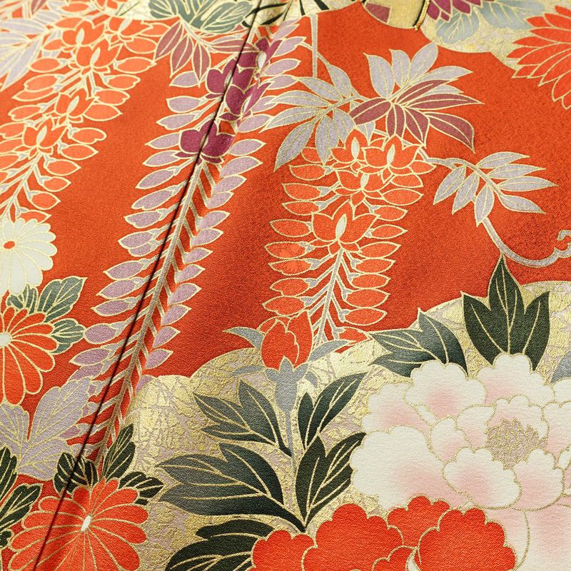 振袖 良品 金駒刺繍 トールサイズ 正絹 花柄 袷仕立て 身丈178.5cm 裄丈71.5cm リサイクル着物 着物 箔 成人式 二十歳 二十歳の集い フォーマル 紅葉 松 菊 桜 橙_画像12