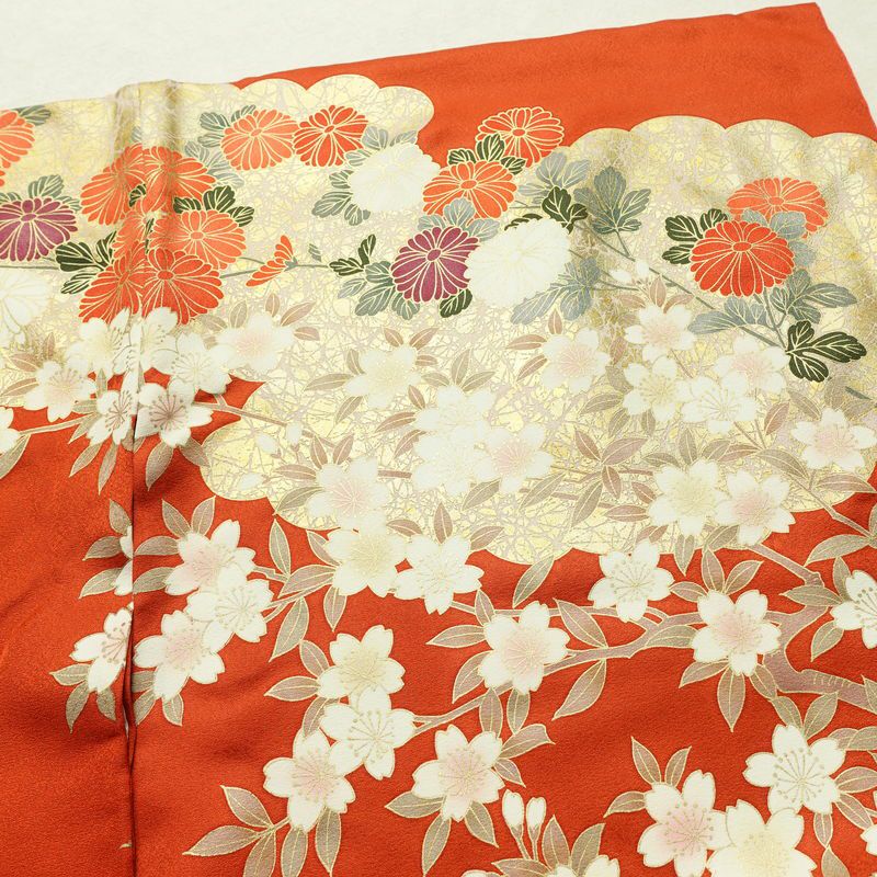 振袖 良品 金駒刺繍 トールサイズ 正絹 花柄 袷仕立て 身丈178.5cm 裄丈71.5cm リサイクル着物 着物 箔 成人式 二十歳 二十歳の集い フォーマル 紅葉 松 菊 桜 橙_画像15