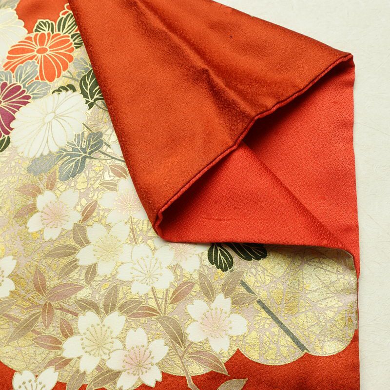 振袖 良品 金駒刺繍 トールサイズ 正絹 花柄 袷仕立て 身丈178.5cm 裄丈71.5cm リサイクル着物 着物 箔 成人式 二十歳 二十歳の集い フォーマル 紅葉 松 菊 桜 橙_画像16