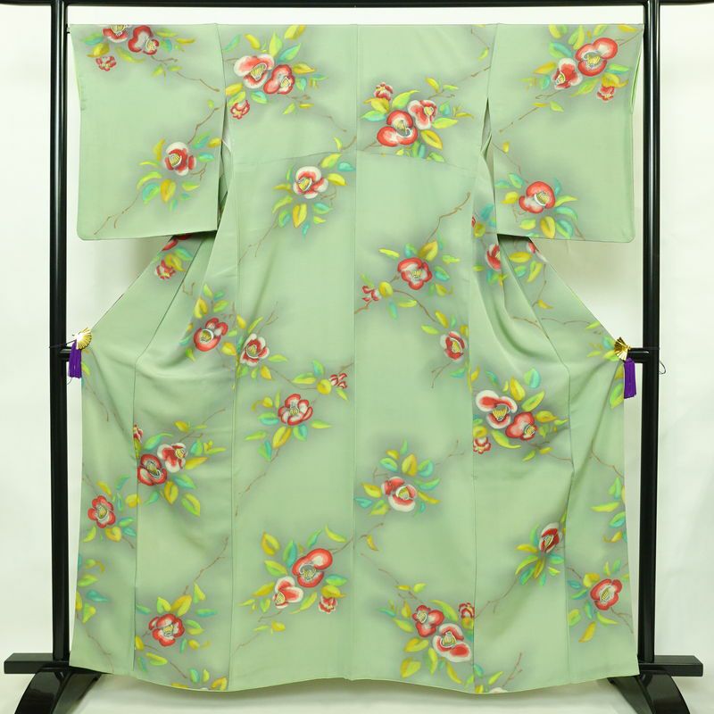 小紋 正絹 花柄 袷仕立て 身丈160.5cm 裄丈67.5cm リサイクル着物 着物 ぼかし 緑・うぐいす色