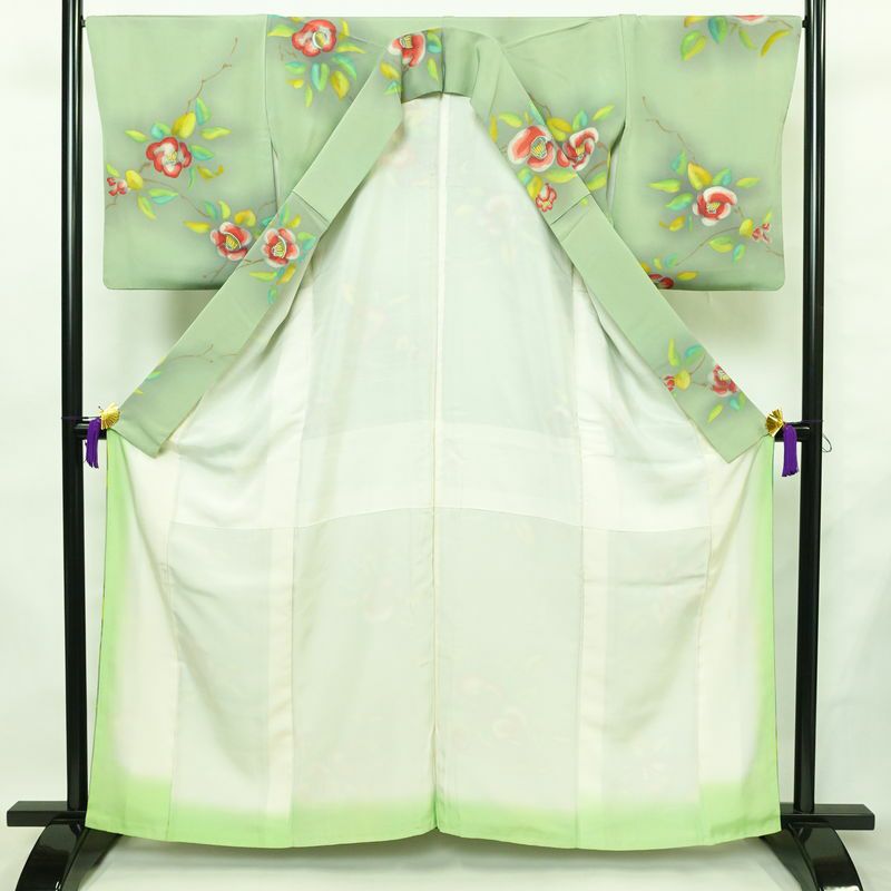 小紋 正絹 花柄 袷仕立て 身丈160.5cm 裄丈67.5cm リサイクル着物 着物 ぼかし 緑・うぐいす色_画像3