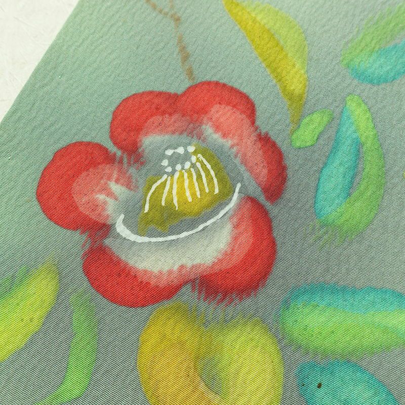 小紋 正絹 花柄 袷仕立て 身丈160.5cm 裄丈67.5cm リサイクル着物 着物 ぼかし 緑・うぐいす色_画像8