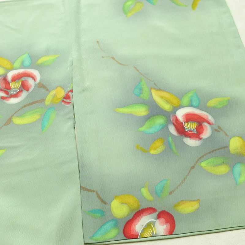 小紋 正絹 花柄 袷仕立て 身丈160.5cm 裄丈67.5cm リサイクル着物 着物 ぼかし 緑・うぐいす色_画像12