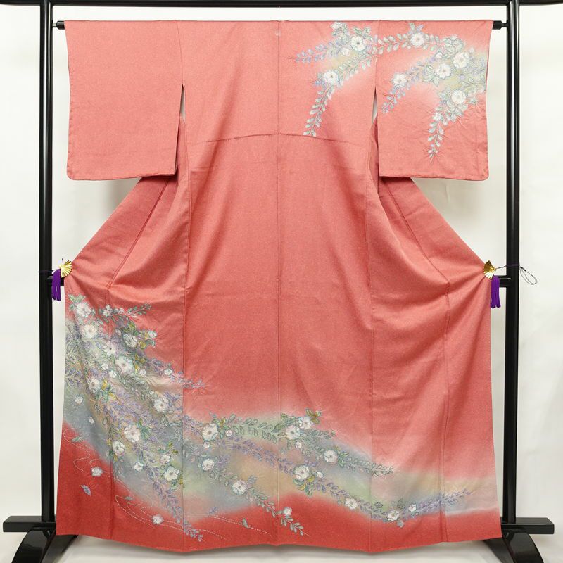 訪問着 良品 一つ紋付き 辻が花 正絹 花柄 袷仕立て 身丈162.5cm 裄丈64cm リサイクル着物 着物 金彩 ピンク_画像1