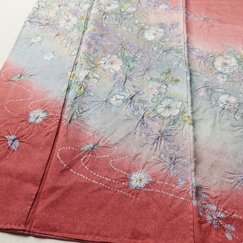 訪問着 良品 一つ紋付き 辻が花 正絹 花柄 袷仕立て 身丈162.5cm 裄丈64cm リサイクル着物 着物 金彩 ピンク_画像4