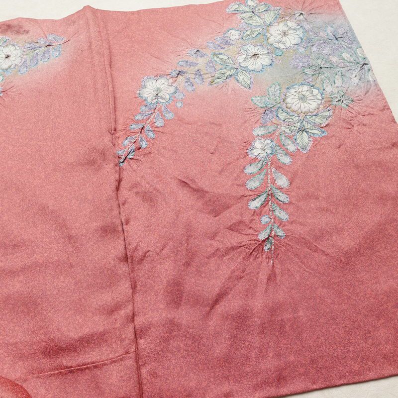 訪問着 良品 一つ紋付き 辻が花 正絹 花柄 袷仕立て 身丈162.5cm 裄丈64cm リサイクル着物 着物 金彩 ピンク_画像16