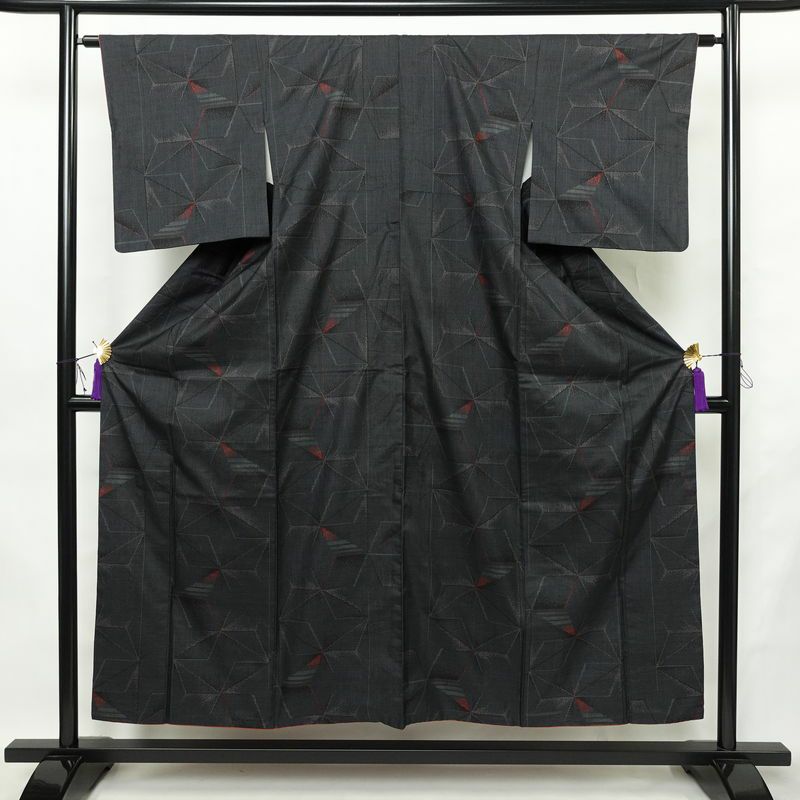 大島紬 証紙あり 正絹 麻の葉柄 袷仕立て 身丈152cm 裄丈62.5cm リサイクル着物 着物 青・紺_画像1