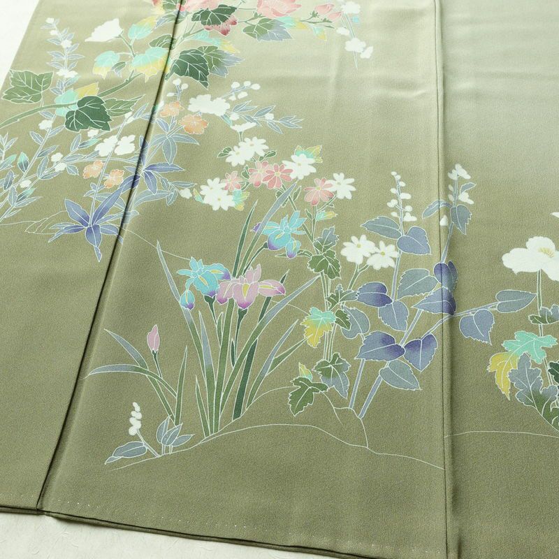 訪問着 良品 落款入り 縮緬 正絹 花柄 袷仕立て 身丈155cm 裄丈63.5cm リサイクル着物 着物 入学式 卒業式 七五三 パーティー お宮参り フォーマル 上品 緑・うぐいす色_画像4