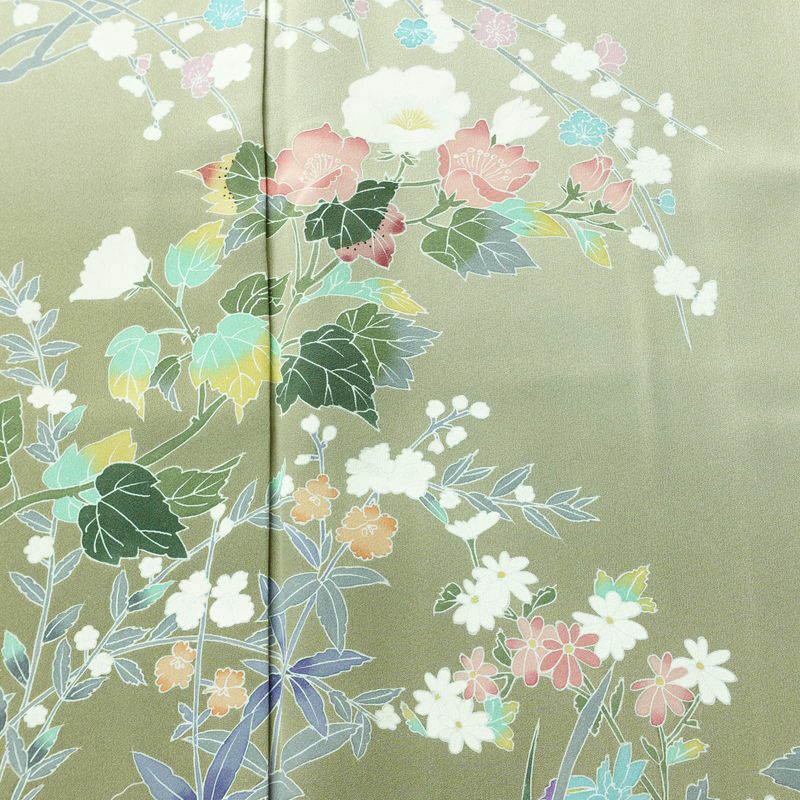 訪問着 良品 落款入り 縮緬 正絹 花柄 袷仕立て 身丈155cm 裄丈63.5cm リサイクル着物 着物 入学式 卒業式 七五三 パーティー お宮参り フォーマル 上品 緑・うぐいす色_画像6