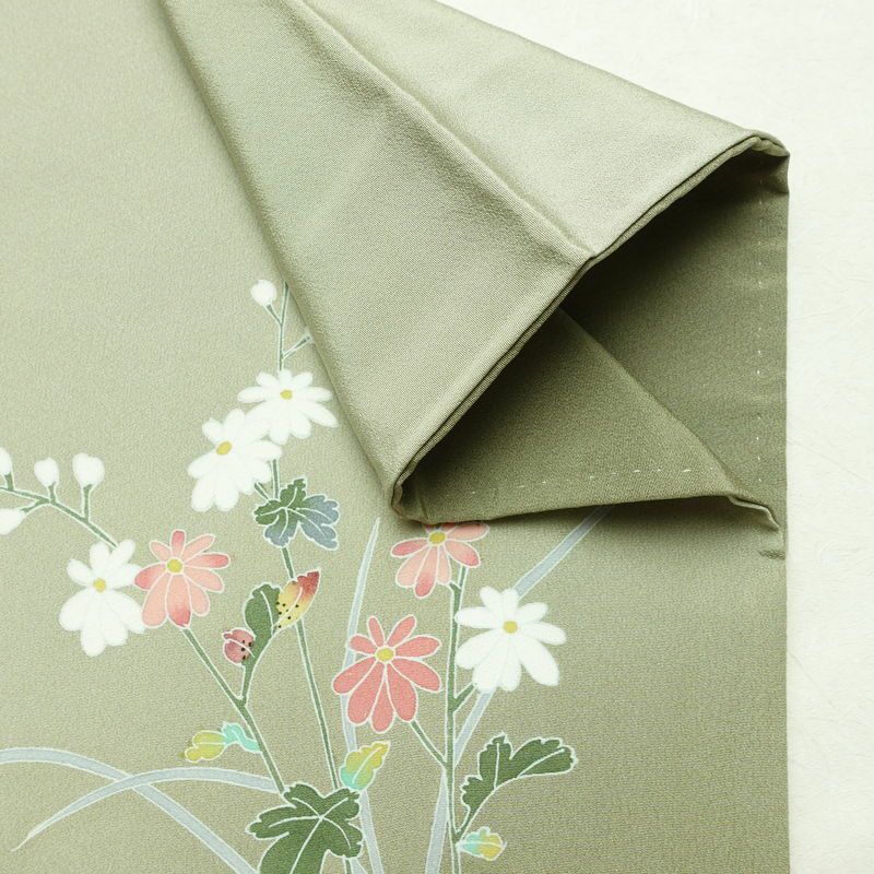 訪問着 良品 落款入り 縮緬 正絹 花柄 袷仕立て 身丈155cm 裄丈63.5cm リサイクル着物 着物 入学式 卒業式 七五三 パーティー お宮参り フォーマル 上品 緑・うぐいす色_画像15