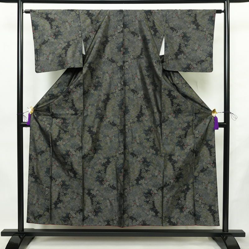 大島紬 証紙なし 正絹 木の葉・植物柄 袷仕立て 身丈154cm 裄丈63cm リサイクル着物 着物 青・紺