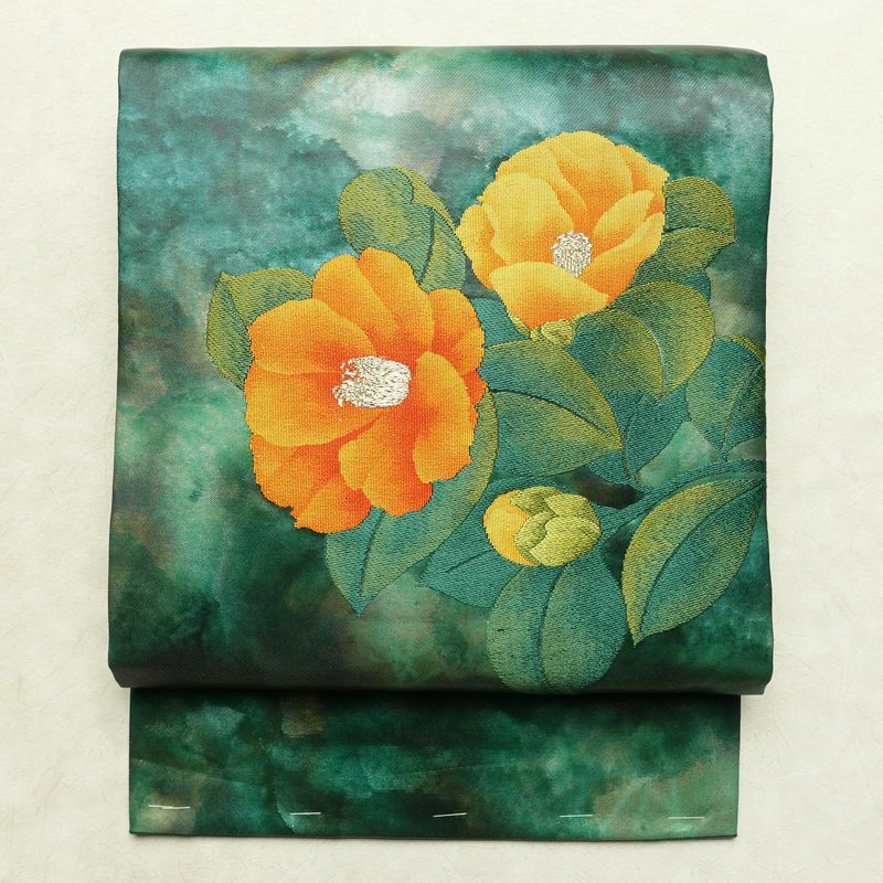 名古屋帯 太鼓柄 良品 正絹 花柄 名古屋仕立て なごや帯 リサイクル帯 帯 箔 金糸 緑・うぐいす色