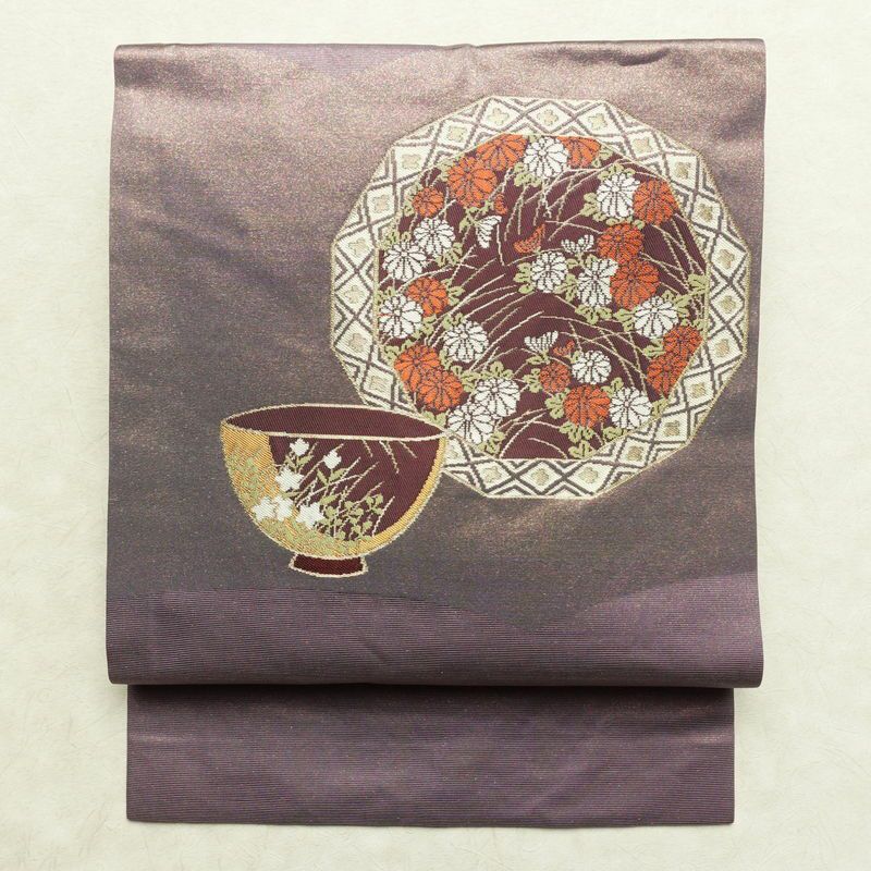 名古屋帯 太鼓柄 正絹 古典柄 名古屋仕立て なごや帯 リサイクル帯 帯 金糸 シンプル 紫・藤色