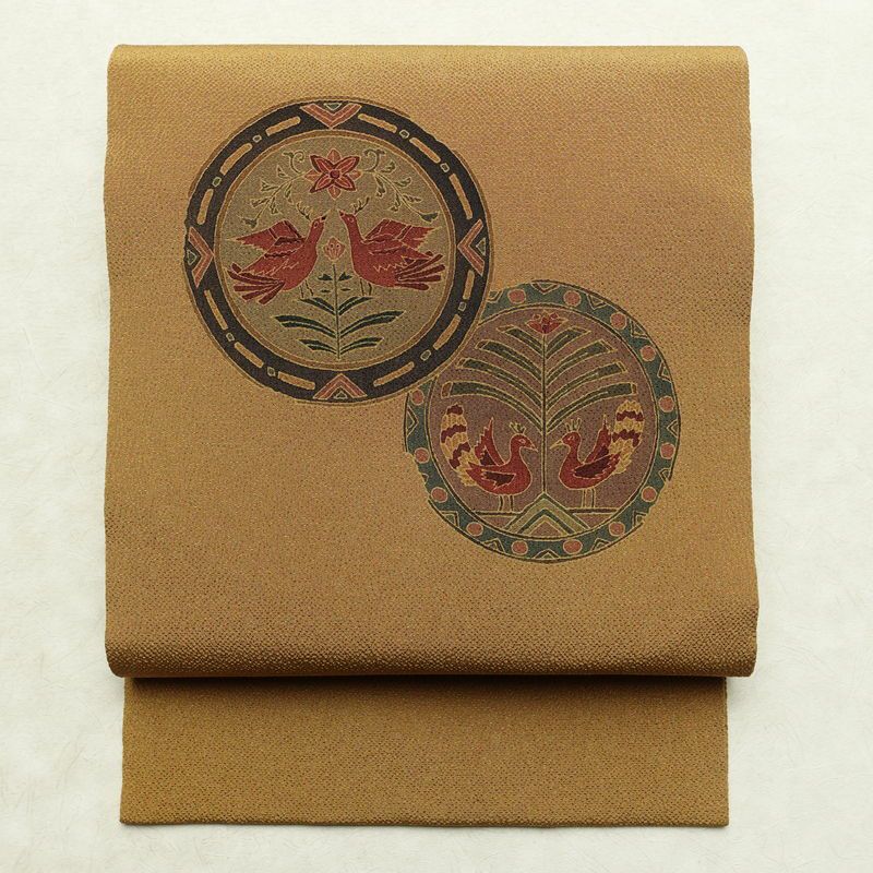 名古屋帯 太鼓柄 良品 縮緬 正絹 人物・動物柄 名古屋仕立て なごや帯 リサイクル帯 帯 黄・黄土色