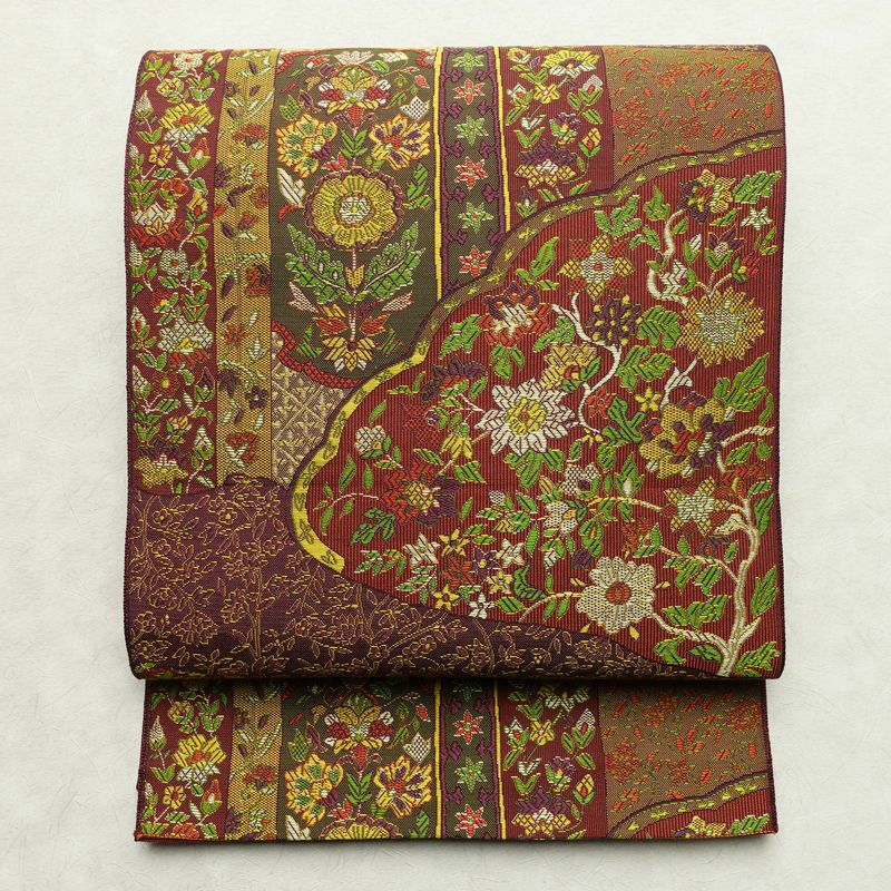 名古屋帯 六通柄 良品 正絹 木の葉・植物柄 通し仕立て なごや帯 リサイクル帯 帯 紫・藤色