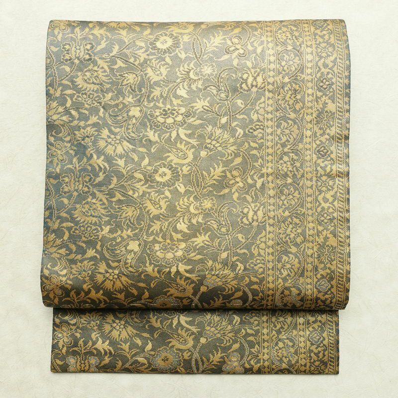 名古屋帯 六通柄 正絹 木の葉・植物柄 名古屋仕立て なごや帯 リサイクル帯 帯 箔 青・紺