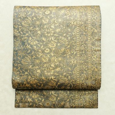 名古屋帯 六通柄 正絹 木の葉・植物柄 名古屋仕立て なごや帯 リサイクル帯 帯 箔 青・紺