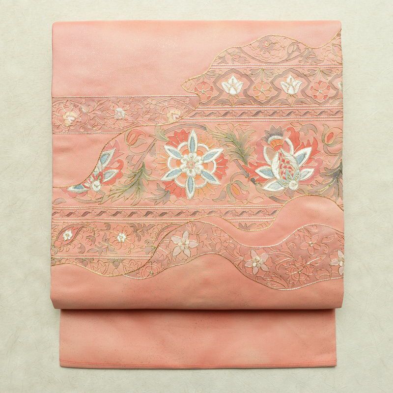 名古屋帯 太鼓柄 正絹 花柄 名古屋仕立て なごや帯 リサイクル帯 帯 刺繍 箔 ピンク