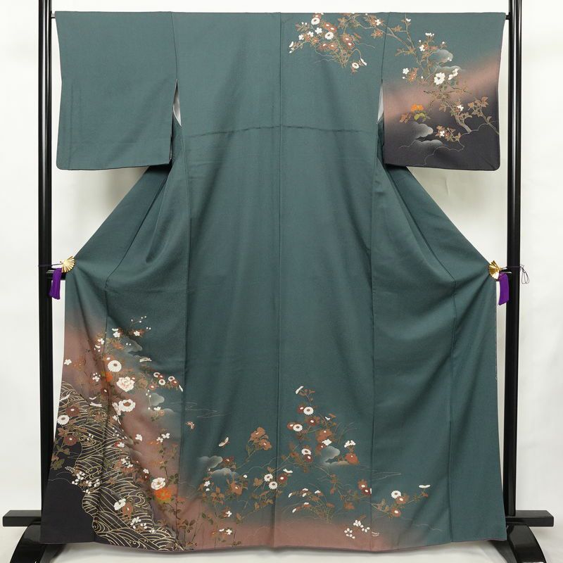 訪問着 正絹 花柄 袷仕立て 身丈164cm 裄丈66cm リサイクル着物 着物 金彩 入学式 卒業式 七五三 お宮参り フォーマル 菊 緑・うぐいす色