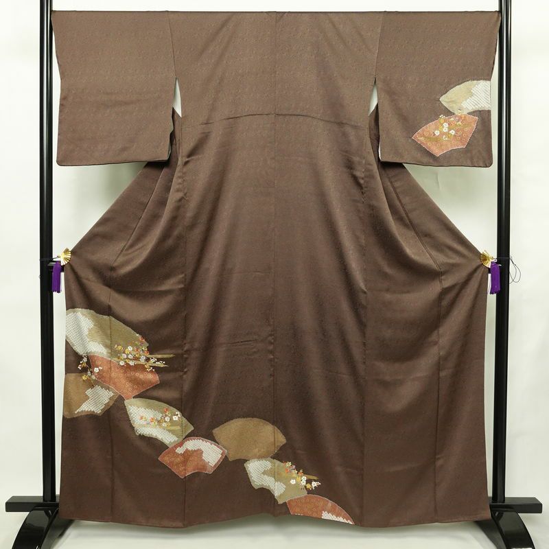 訪問着 絞り 綸子 正絹 古典柄 袷仕立て 身丈160cm 裄丈68cm リサイクル着物 着物 刺繍 箔 共八掛 金彩 卒業式 七五三 お宮参り フォーマル 扇面 茶