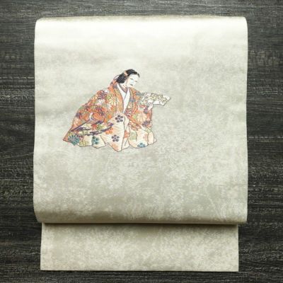 名古屋帯 太鼓柄 正絹 人物・動物柄 名古屋仕立て なごや帯 リサイクル帯 帯 箔 シンプル 白