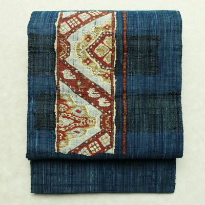 名古屋帯 太鼓柄 良品 正絹 幾何学柄・抽象柄 松葉仕立て なごや帯 リサイクル帯 帯 紬地 青・紺