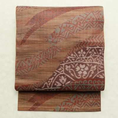 名古屋帯 六通柄 良品 正絹 幾何学柄・抽象柄 名古屋仕立て なごや帯 リサイクル帯 帯 茶