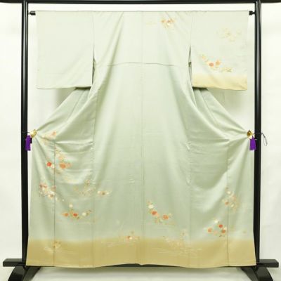 訪問着 美品 しつけ糸付き 金駒刺繍 正絹 花柄 袷仕立て 身丈158cm 裄丈64cm リサイクル着物 着物 金彩 入学式 卒業式 七五三 お宮参り フォーマル 上品 緑・うぐいす色